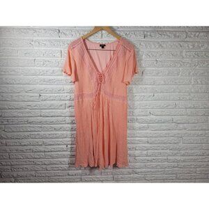 Torrid Womens Dress 1 1X Plus Flutter Sleeve Pink Crochet Lined Crinkle PIN44E